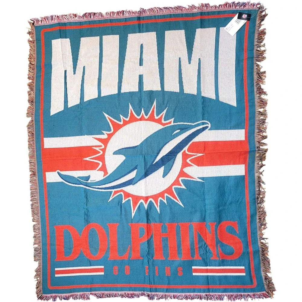 Miami Dolphins NFL Woven Tapestry 46x60 Multi Color by FOCO Fringed Edge - New
